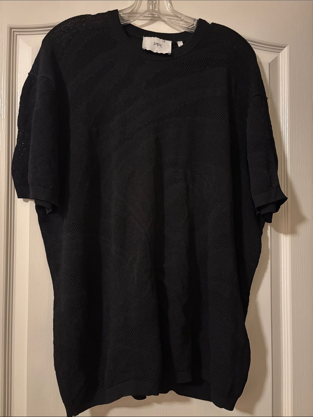 RtA Black Textured Open-Knit Wave Pattern Crewneck Sweater - Size Large